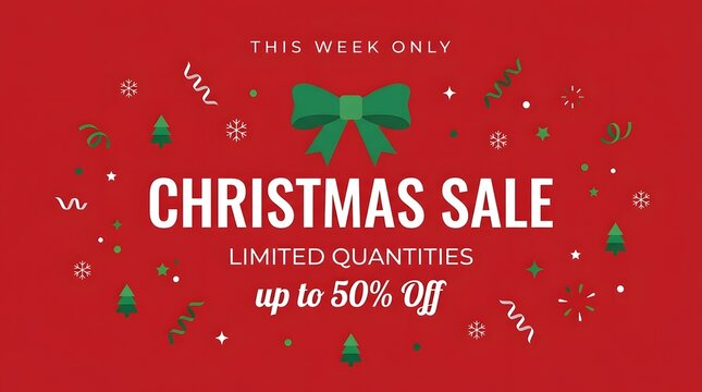 Minimalist christmas sale banner with green bow on red