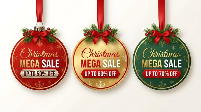 Christmas mega sale tags with red gold and green ornaments