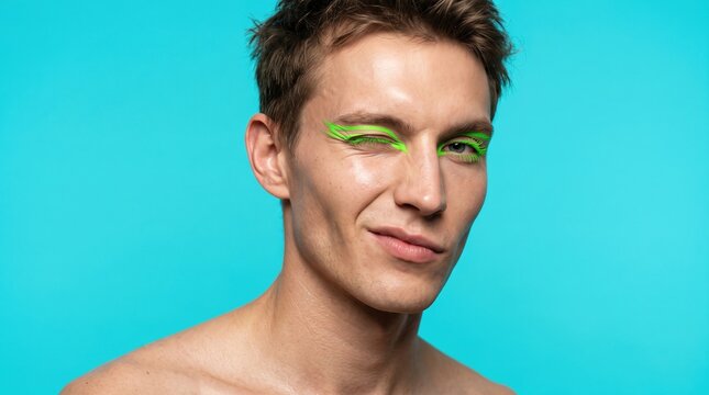 Playful young man winking with vibrant neon green graphic eyeliner against a blue background
