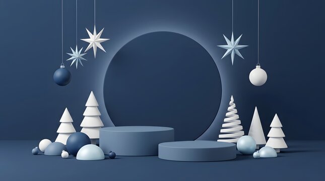 Blue christmas podium display with ornaments and stylized trees