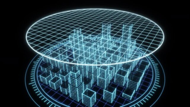 Hologram city appears by scan then camera flies low between towers