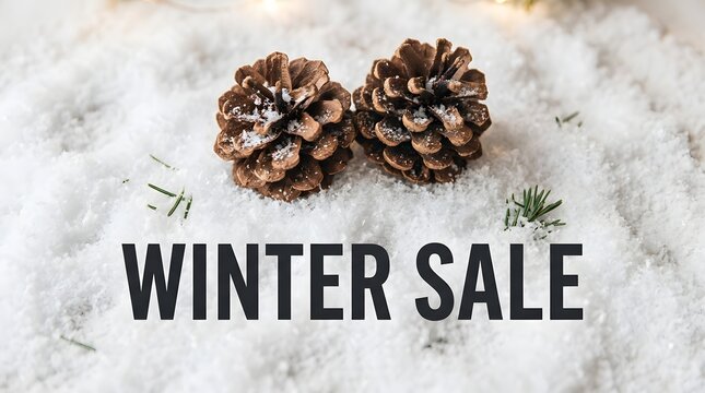 Winter sale text with pine cones on snowy background
