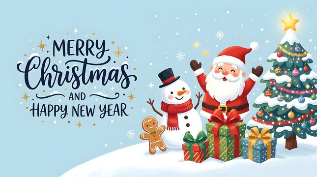 Merry christmas and happy new year greeting card with santa and snowman
