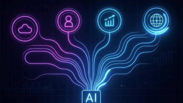 Glowing multi branching tree with AI root connecting to cloud user chart and globe