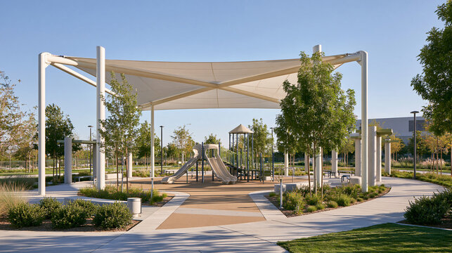 Playground canopy casting shade across swings and climbing structures