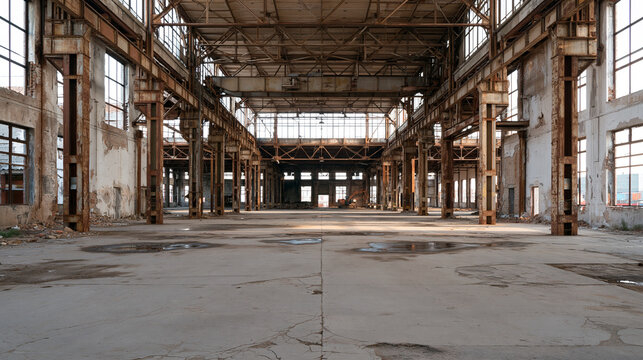 Industrial warehouse revealing a long empty hall beneath tall windows