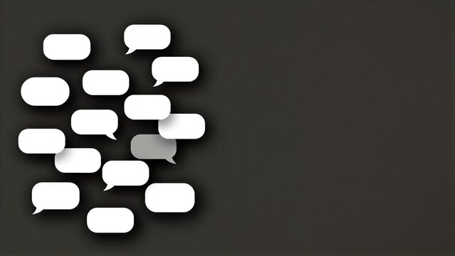 White and blue speech bubbles cluster on a dark gray background.