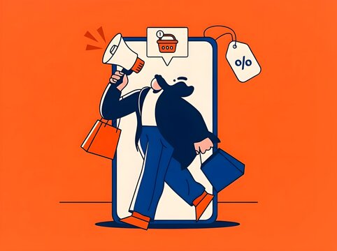 E-commerce promotion and digital shopping illustration featuring a modern character stepping out of a smartphone with a megaphone, shopping bags, and discount tags on orange background.