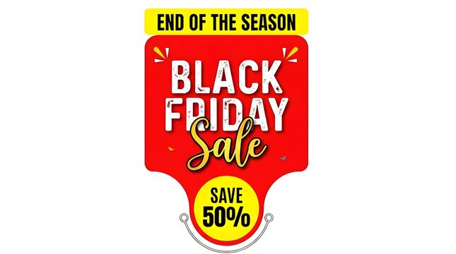 Black Friday discount promotion graphic design featuring striking red, yellow, and white colors, end of the season banner, and fifty percent savings for major shopping events.