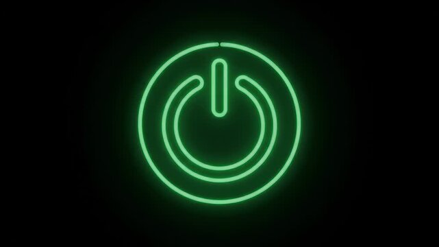 Green neon power button icon glowing on dark background with futuristic digital lighting. Technology, startup, control and energy concept