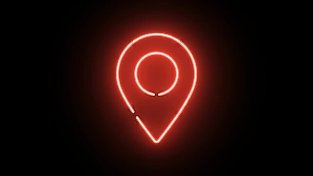 Abstract glowing red location pin on dark background with soft neon light. Digital navigation, geolocation and technology concept for modern motion graphics