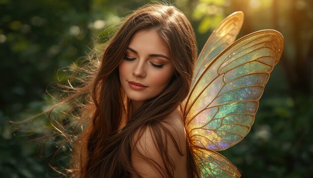 A serene young woman with long brown hair poses outdoors with shimmering, iridescent fairy wings under warm natural light.