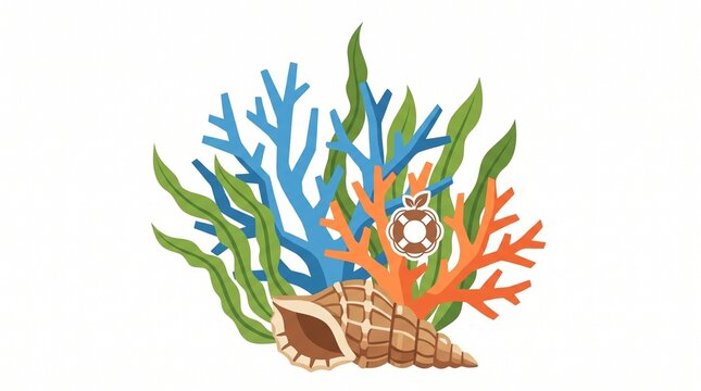 Colorful coral reef vector illustration with seashell and seaweed