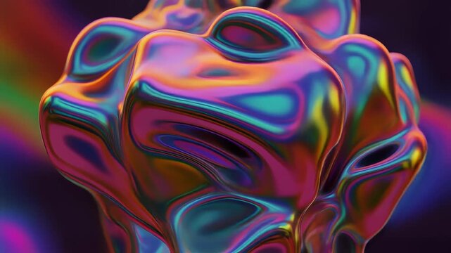 Abstract iridescent metallic liquid blob morphing slowly against a dark moody atmospheric background 4K Generative AI