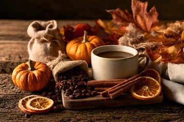 Fototapeta premium Autumn coffee setup with beans, burlap sacks, pumpkins, cinnamon sticks, dried orange slices, and a ceramic mug on wood