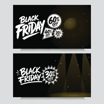 Black friday sale banner set with percentage discount badges and spotlight graphics