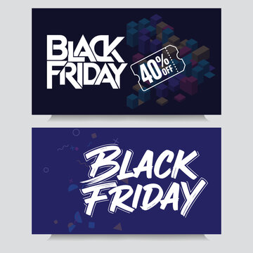 Black friday sale web banner set with 3d cube graphics and ticket discount badge