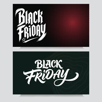 Black friday sale web banner set with red halftone dots and calligraphic script