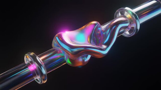 Abstract iridescent liquid metal sculpture rotating and morphing inside a glowing glass cylinder tube structure 4K Generative AI