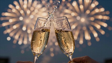 Naklejka premium Two champagne glasses clink against a dazzling fireworks backdrop.