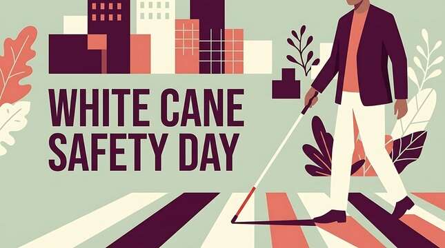 White Cane Safety Day, visually impaired man crossing street with white cane, minimal vector illustration of accessibility awareness day