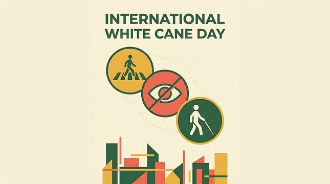International White Cane Day flat vector design, minimalist accessibility awareness poster, disability support icons and urban skyline graphic