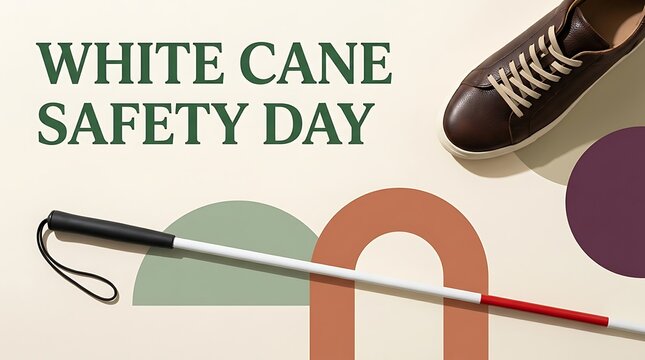 White Cane Safety Day awareness sign, white mobility pole with red tip and brown shoe, blindness accessibility poster design with text layout
