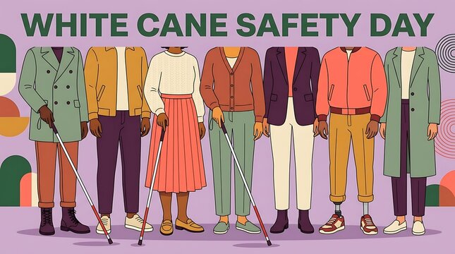 White Cane Safety Day illustration, diverse blind and visually impaired people holding white canes, accessibility awareness flat vector art