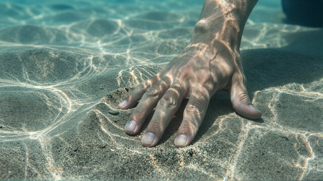 Hand gently touches sand underwater, sunlight dancing through clear water.