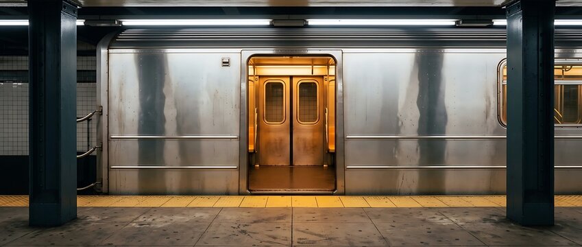 Gritty urban subway platform with a silver train car featuring open doors and warm interior lighting in a classic station setting