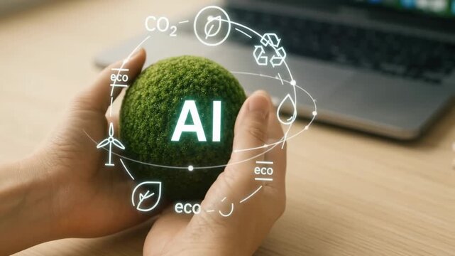 Hands holding green moss ball Earth with AI typography and circular ESG sustainability icons