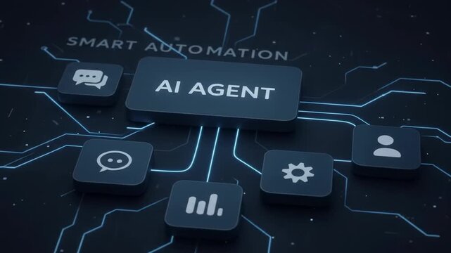 Dark isometric software dashboard displaying AI agent smart automation with chat chart and user