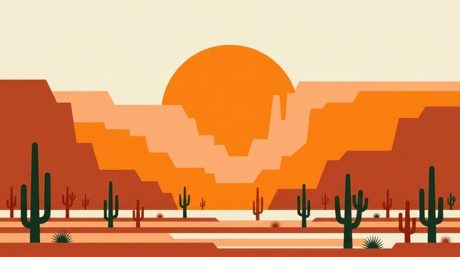 Stylized desert landscape with cacti silhouettes and a vibrant sunset scene