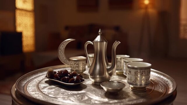 60 FPS slow push in on Arabic coffee set with dallah pot dates and patterned cups on silver tray