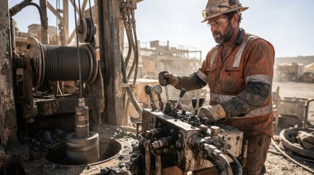Driller in hi-vis vest operating rig controls with diamond drill bit and steel wireline cable, dust visible in the air.