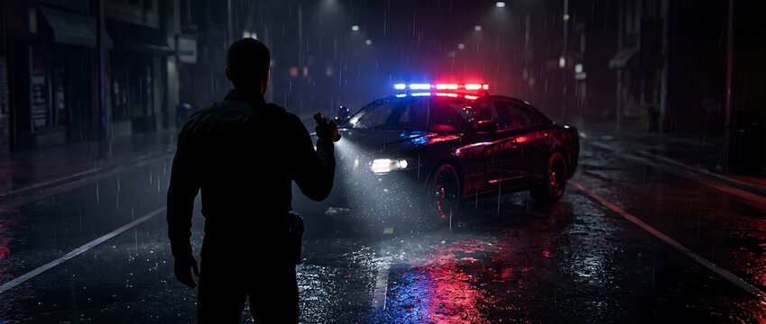 Police officer holding flashlight standing in rainy night street illuminated by flashing cruiser emergency lights