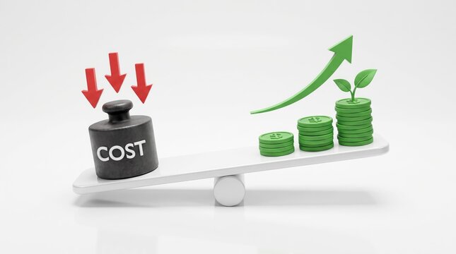 Heavy black weight labeled cost balancing against stacked green coins with growing plant and upward arrow