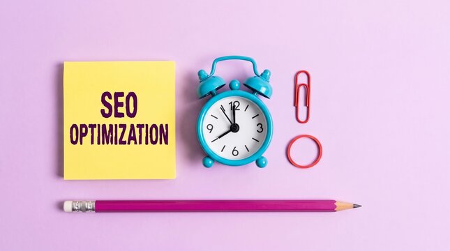 Bright yellow sticky note featuring seo optimization text next to a blue alarm clock and pink pencil