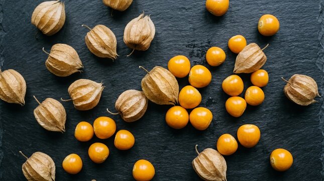 Fresh Organic Ground Cherries and Physalis Berries Harvest Botanical Still Life Collection