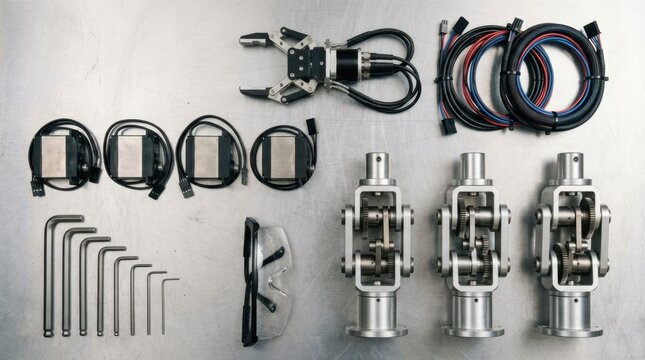 Robotics servo motors joints end effector cable harnesses hex keys and safety glasses on metal workbench