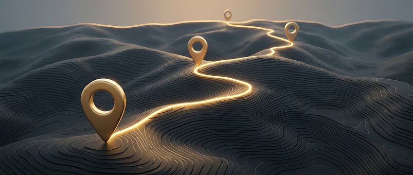 Golden map location pins on dark topographic terrain surface showing navigation path and journey milestones
