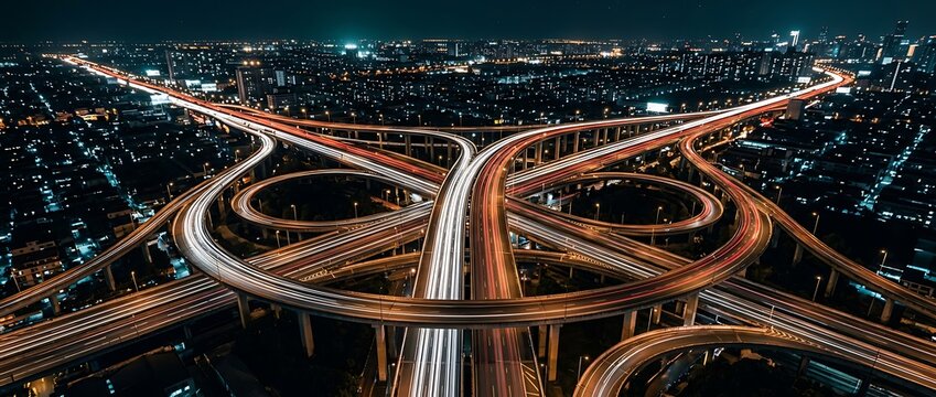 High angle aerial view of massive highway intersection cloverleaf interchange at night with traffic light trails