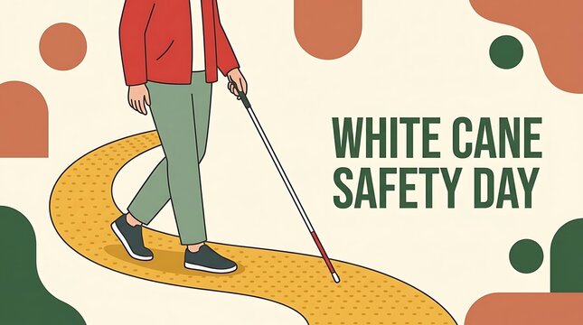 White Cane Safety Day illustration, visually impaired person walking with white cane, awareness campaign graphic, flat vector style design with earth tones