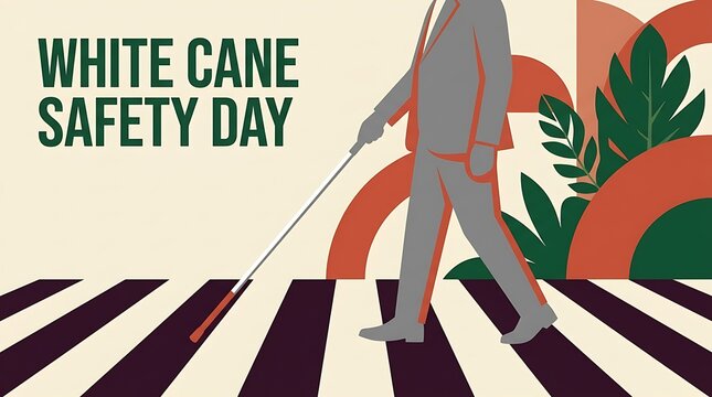 White Cane Safety Day graphic, blind person illustration, visually impaired pedestrian concept, crosswalk accessibility design, disability awareness visual, orange green palette