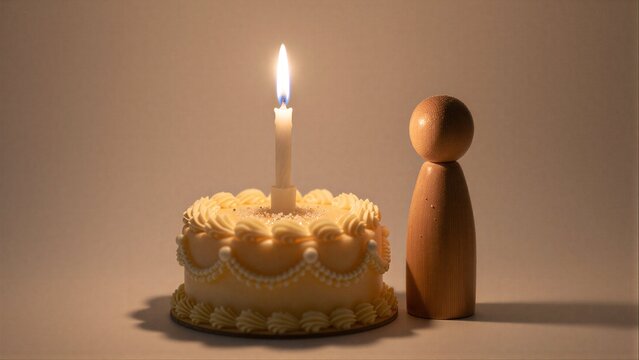 Birthday cake with one candle, wooden figure beside it in warm light.
