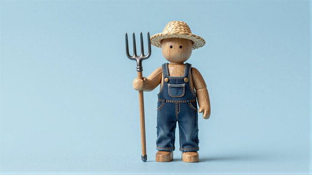 Wooden farmer figure holds pitchfork, wearing straw hat and denim overalls.