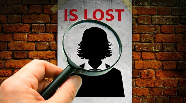 Missing person search and mystery conceptual illustration showing a hand holding a magnifying glass focusing on a lost person silhouette poster on a brick wall.