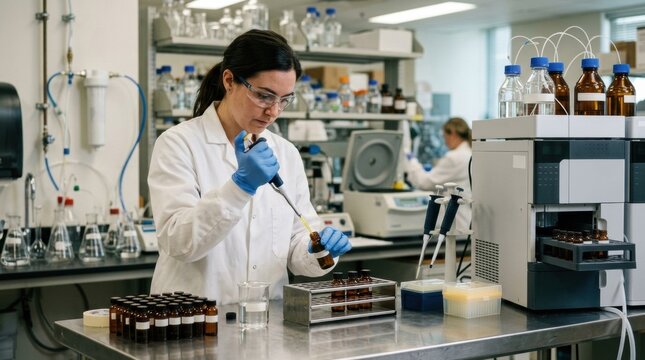 Pharmaceutical laboratory scientist preparing amber sample vials beside an HPLC system, beakers, pipettes, and water purification equipment for nitrosamine analysis.