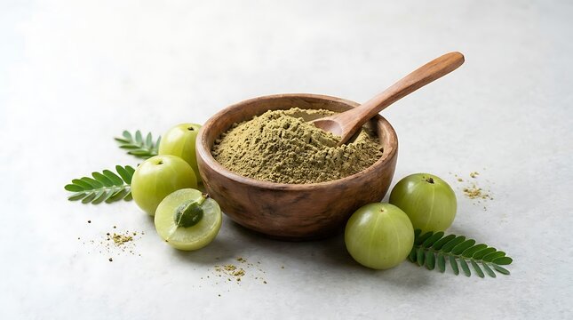Amla powder in a wooden bowl with fresh green gooseberry fruits and leaves on a table. aamla health blend