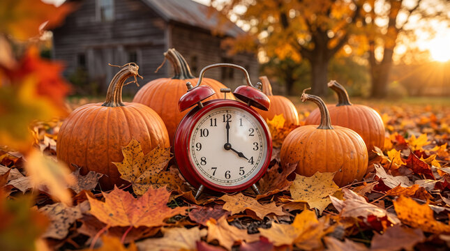 Daylight Saving Time Ends Concept, Red Alarm Clock and Pumpkins in Autumn